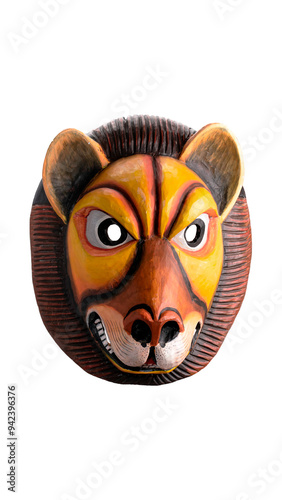 Wooden carved lion mask on white isolated background