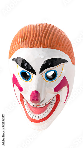 Wooden carved clown mask on white isolated background