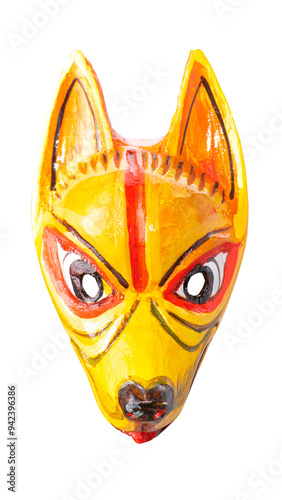 Wooden carved fox mask on white isolated background