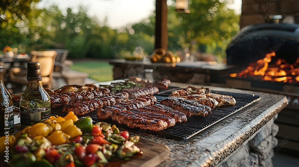 Steaks and vegetables sear on the BBQ, with flames licking the backdrop, igniting a feast. Steaks and vegetables sear on the BBQ, with flames licking the backdrop, igniting a feast.
