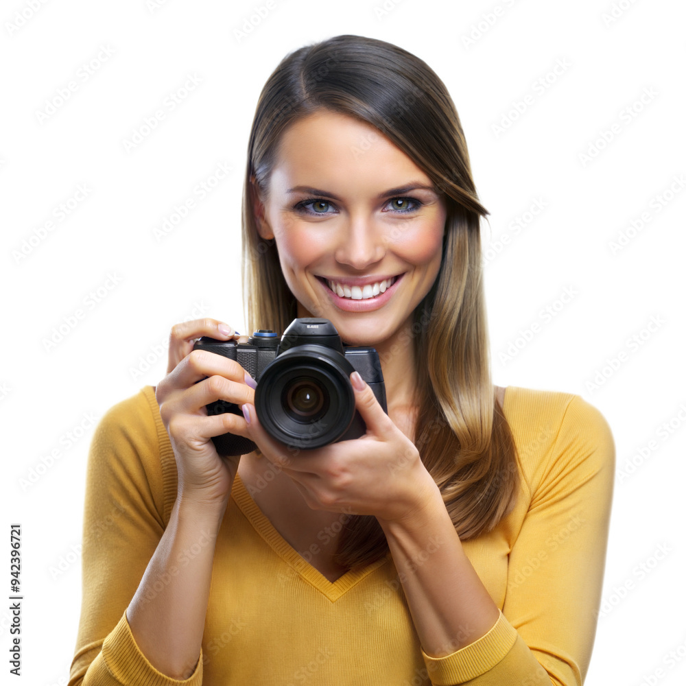 Woman smiling while holding a camera, enjoying her photography hobby Woman smiling while holding a camera, enjoying her photography hobby