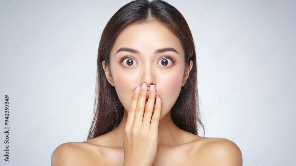 A woman with brown hair and brown eyes is looking shocked A woman with brown hair and brown eyes is looking shocked
