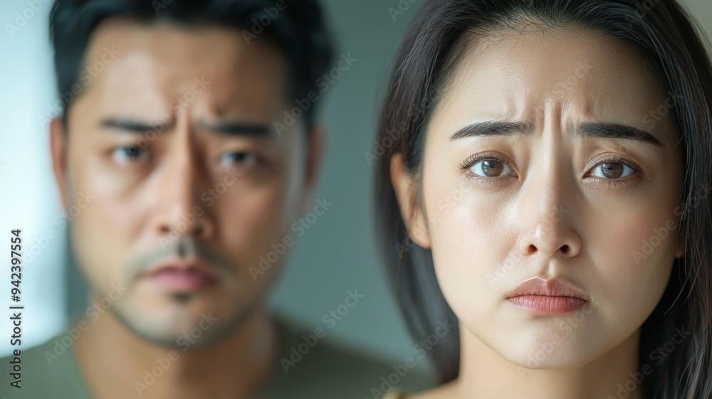 A man and a woman are standing next to each other, the woman looking sad A man and a woman are standing next to each other, the woman looking sad
