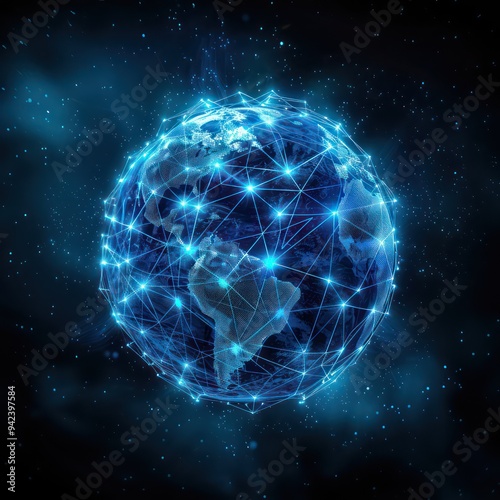 Earth as a node-based digital network symbolizes global interconnectedness, showcasing intricate connections that highlight advanced technology and collaboration among communities