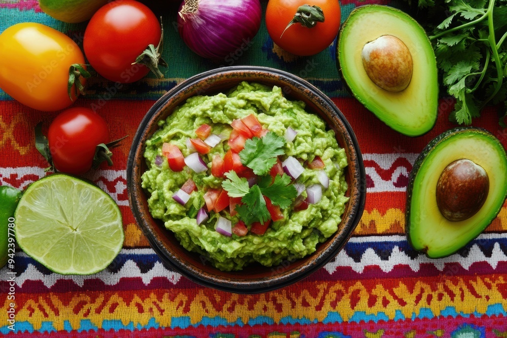 Overhead view of a colorful Mexican table setting with a bowl of creamy guacamole, tomatoes, onions, and avocados arranged artfully around it. Party food appetizer dip.