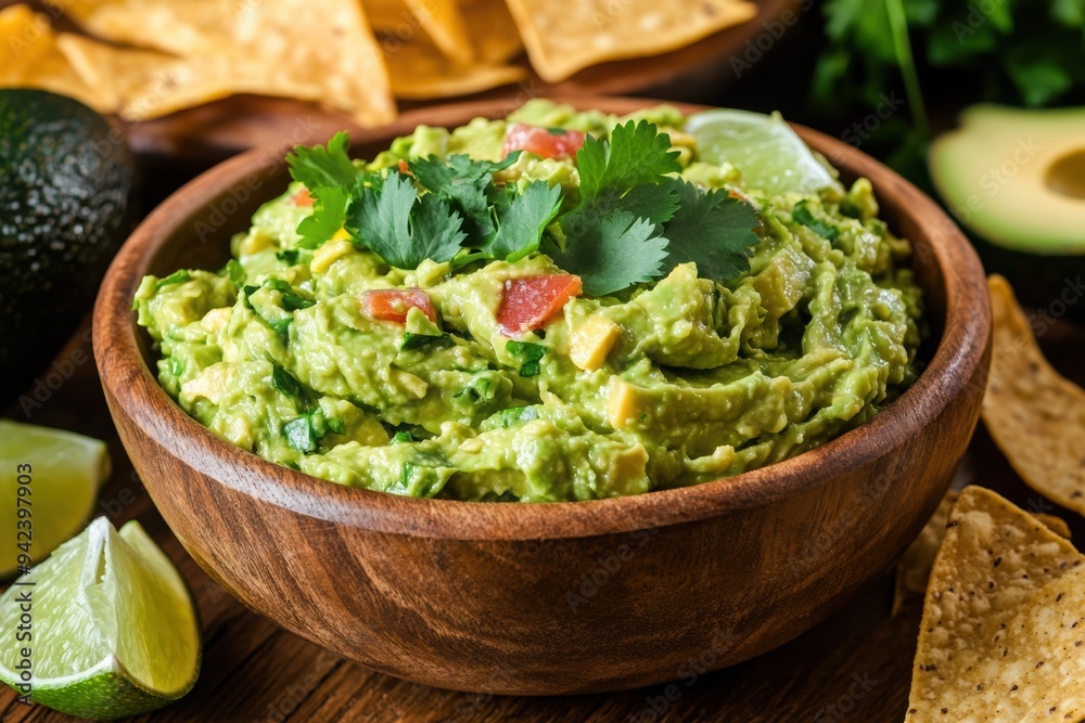 Traditional Guacamole Dip in Wooden Bowl with Cilantro, Tortilla Chips and Limes. Party food and snack. Traditional Guacamole Dip in Wooden Bowl with Cilantro, Tortilla Chips and Limes. Party food and snack.