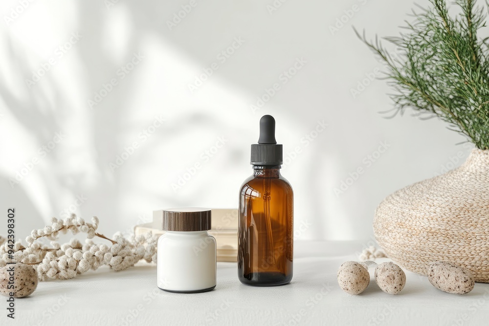 Minimalist organic lotion and serum brown glass bottles and decoration on table with white background with generative ai Minimalist organic lotion and serum brown glass bottles and decoration on table with white background with generative ai