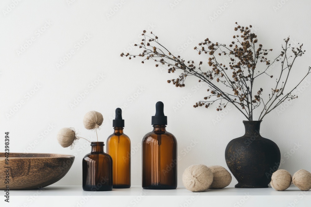 Minimalist organic lotion and serum brown glass bottles and decoration on table with white background with generative ai Minimalist organic lotion and serum brown glass bottles and decoration on table with white background with generative ai