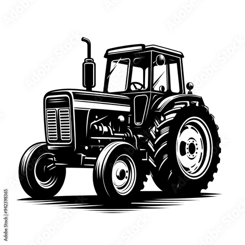 Black and white isolated vector illustration of agricultural tractor on white background. photo