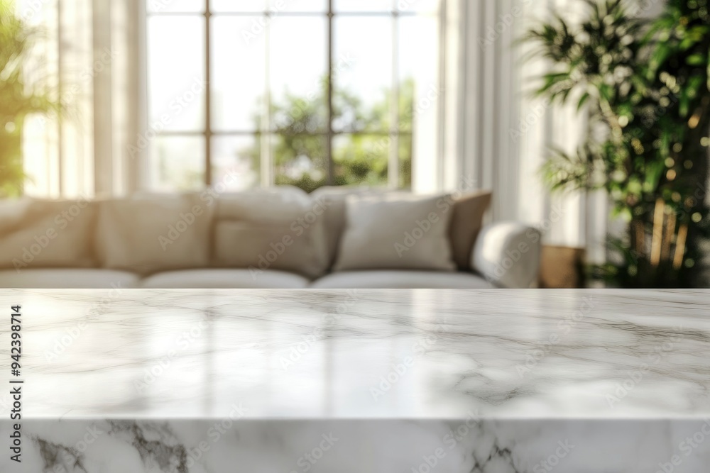 Mock up tablet on marble counter with copy space in blurred living room background with generative ai Mock up tablet on marble counter with copy space in blurred living room background with generative ai