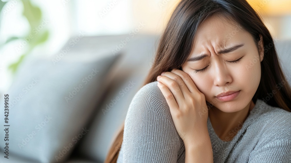 A woman is sitting on a couch with her head in her hands A woman is sitting on a couch with her head in her hands