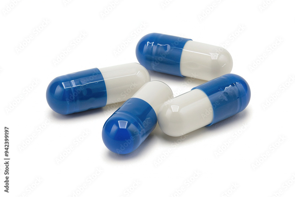 blue and white antibiotic capsule pills on a white background blue and white antibiotic capsule pills on a white background