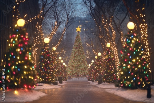 A festive winter pathway lined with cheerful trees adorned in lights leading to a towering Christmas tree under a starry sky