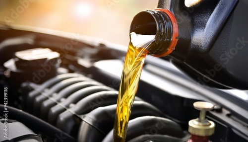 An engine oil being poured into a car engine, showcasing maintenance and care for vehicle performance.