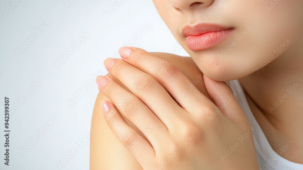 A woman with a white shirt and a hand on her shoulder A woman with a white shirt and a hand on her shoulder
