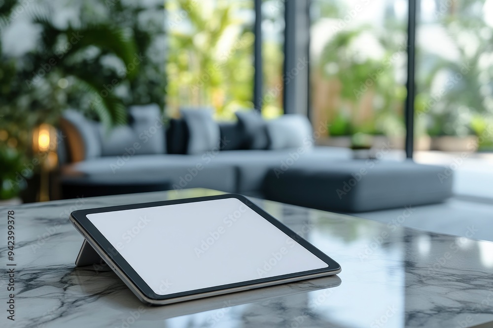 Mock up tablet on marble counter with copy space in blurred living room background with generative ai Mock up tablet on marble counter with copy space in blurred living room background with generative ai