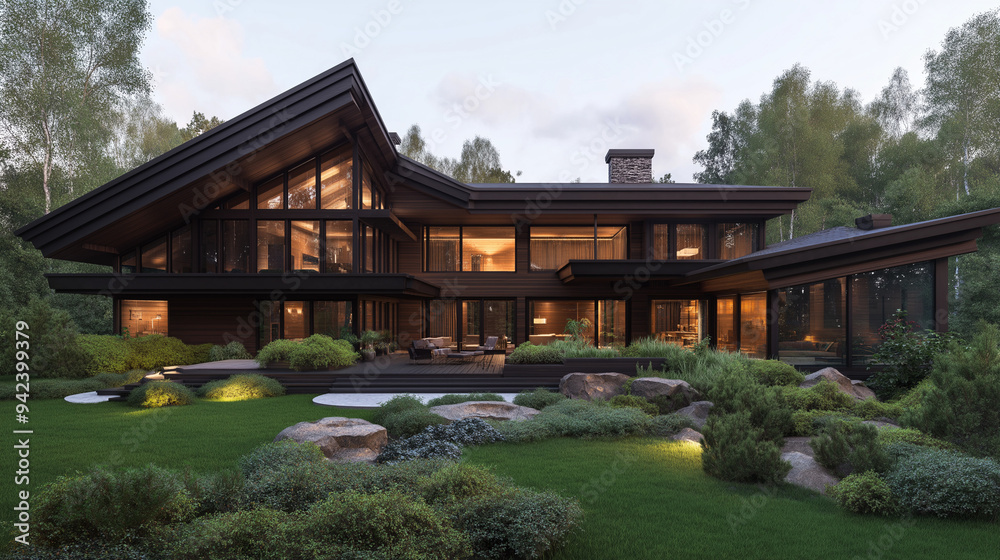 Photorealistic, Dream country house in Russia, Traditional wooden architecture with modern touches, Surrounded by a lush, green forest, Large windows offering views of the tranquil landscape, Photorealistic, Dream country house in Russia, Traditional wooden architecture with modern touches, Surrounded by a lush, green forest, Large windows offering views of the tranquil landscape,