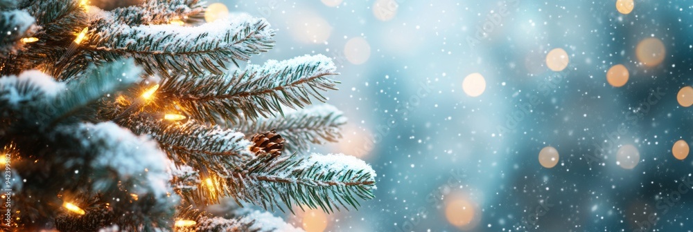 Snow-covered evergreen adorned with twinkling lights on a wintry evening, creating a magical holiday atmosphere Snow-covered evergreen adorned with twinkling lights on a wintry evening, creating a magical holiday atmosphere