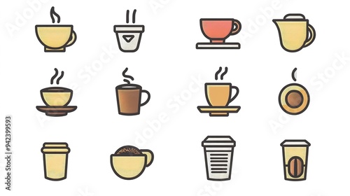 Collection of Coffee Icons: Versatile and Stylish Illustrations Representing Various Aspects of Coffee Culture and Beverage Options