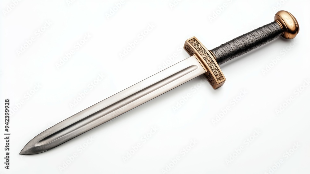 A sword with a gold hilt and a black handle A sword with a gold hilt and a black handle