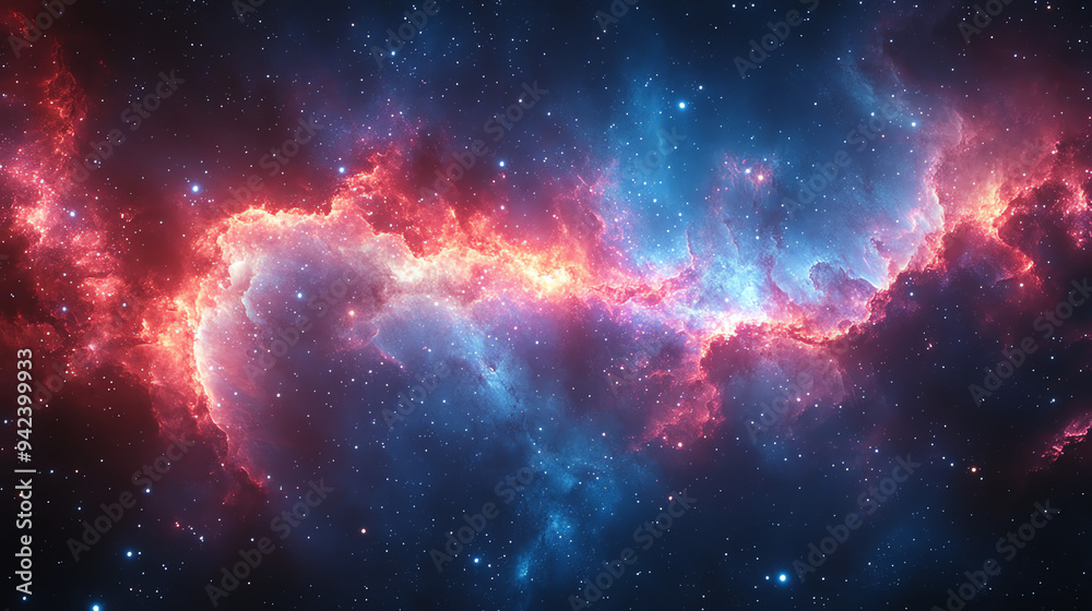 A vibrant nebula, swirling with reddish and bluish clouds of gas and dust, scattered with stars.
A vibrant nebula, swirling with reddish and bluish clouds of gas and dust, scattered with stars.