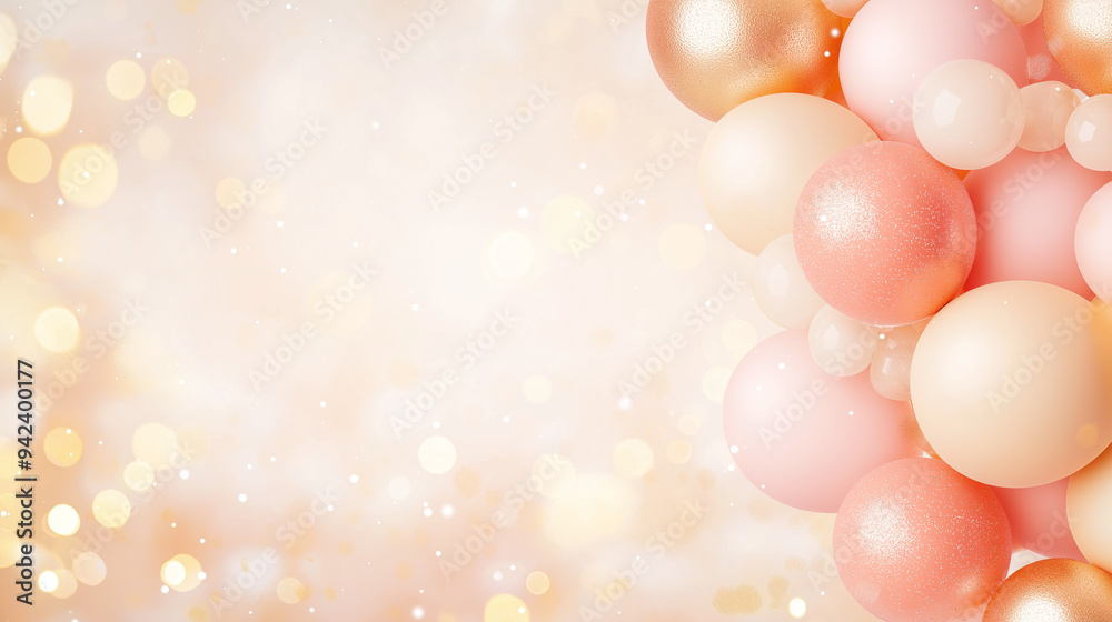 A luxurious, soft-focus background featuring elegant rose gold, champagne, and blush pink balloons gently floating against a warm, softly blurred backdrop.