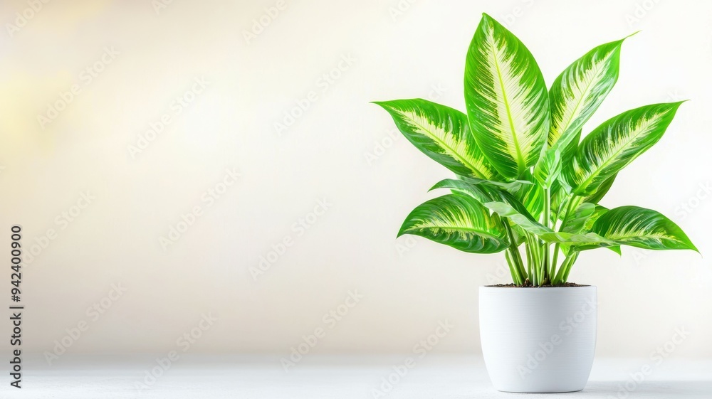 A potted plant sits on a table in front of a white wall A potted plant sits on a table in front of a white wall