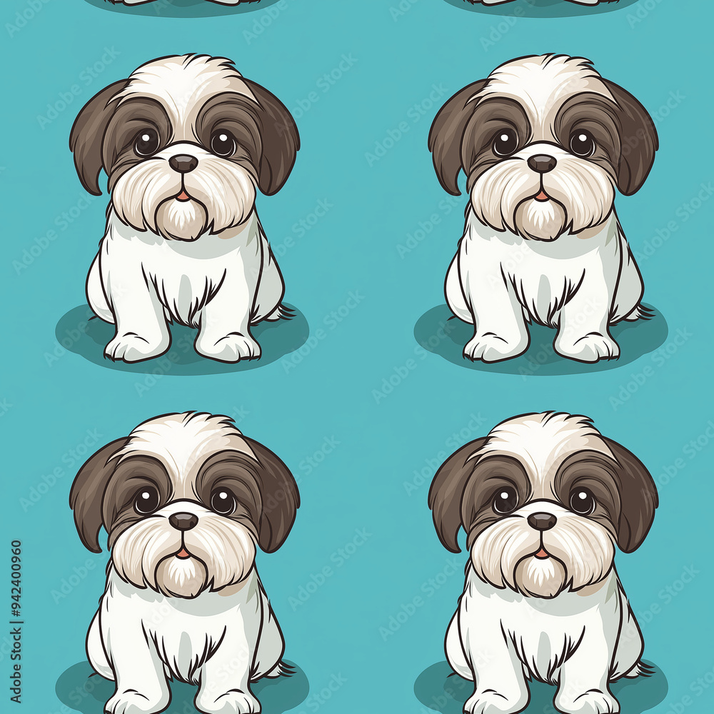 Shih Tzu dog, illustration, with blue background. Seamless pattern Shih Tzu dog, illustration, with blue background. Seamless pattern