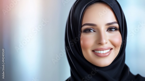 A woman with a black head scarf is smiling