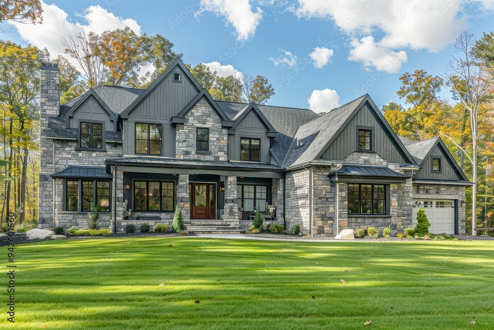 Modern gray house with stone chimney and white garage, surrounded by lush green yard and blue sky in a serene woodland setting. Modern gray house with stone chimney and white garage, surrounded by lush green yard and blue sky in a serene woodland setting.