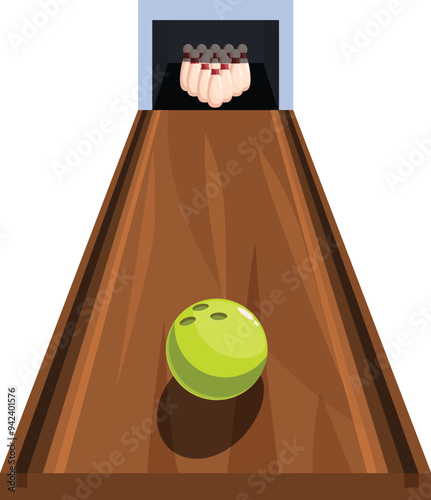 Green bowling ball is rolling down a bowling alley towards the pins