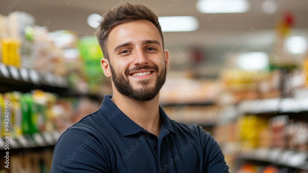 A man with a beard is smiling in a grocery store A man with a beard is smiling in a grocery store