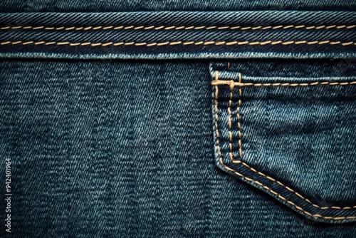 Close-up of blue jeans fabric cloth texture with seam , ai