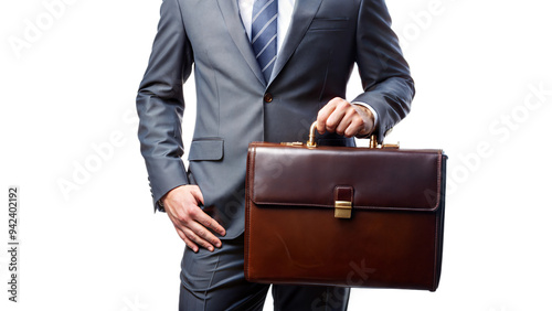 Businessman holding a leather briefcase, prepared for a business meeting photo