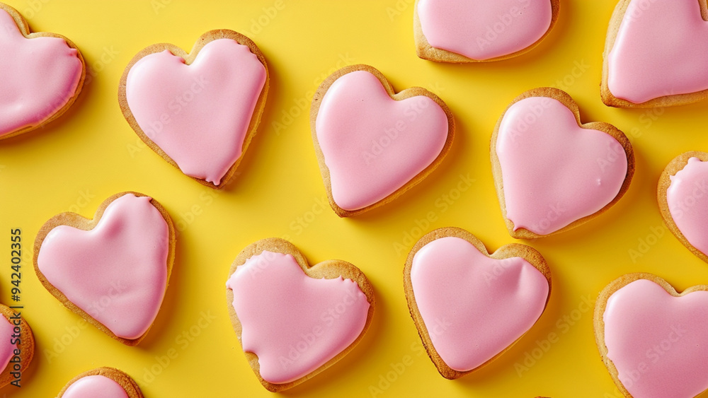 Obraz premium Heart-Shaped Sugar Cookies with Pink Icing on Vibrant Yellow Background
