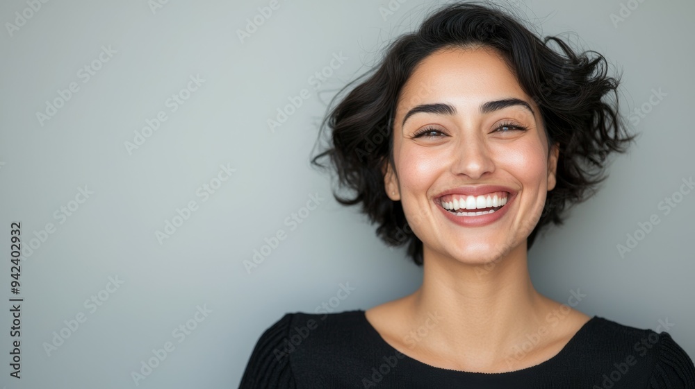 A woman with a short haircut is smiling and looking at the camera A woman with a short haircut is smiling and looking at the camera