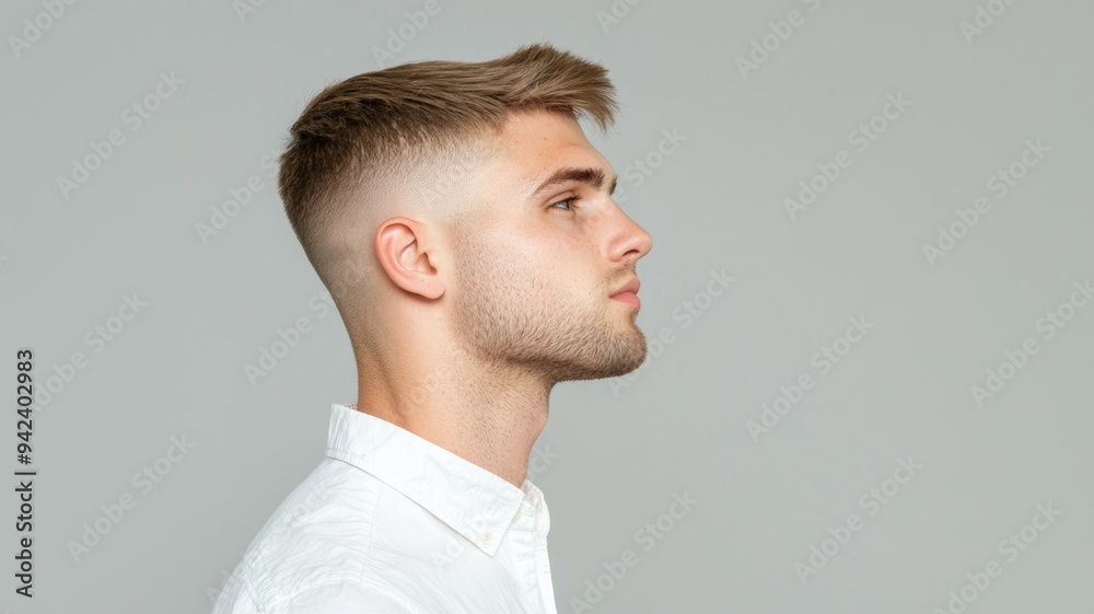 A man with a shaved head and a beard is wearing a white shirt A man with a shaved head and a beard is wearing a white shirt