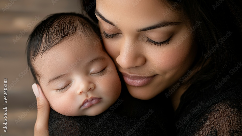 A woman is holding a sleeping baby in her arms A woman is holding a sleeping baby in her arms