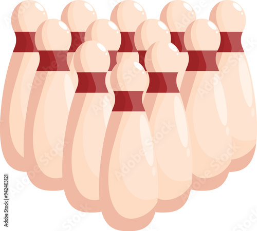 Group of bowling pins standing upright in their triangular formation, ready for a game