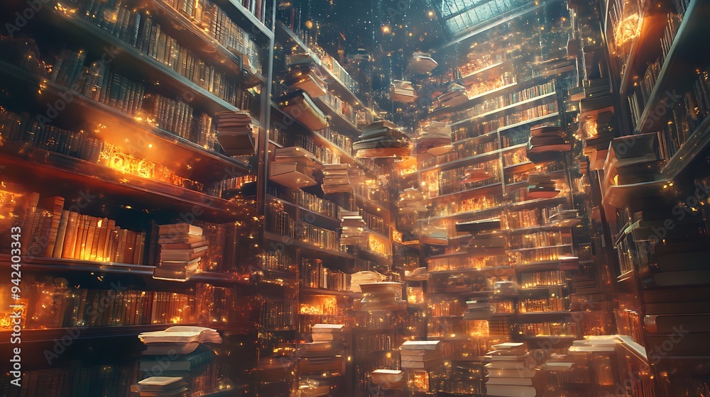 A Glowing Library Filled With Flying Books