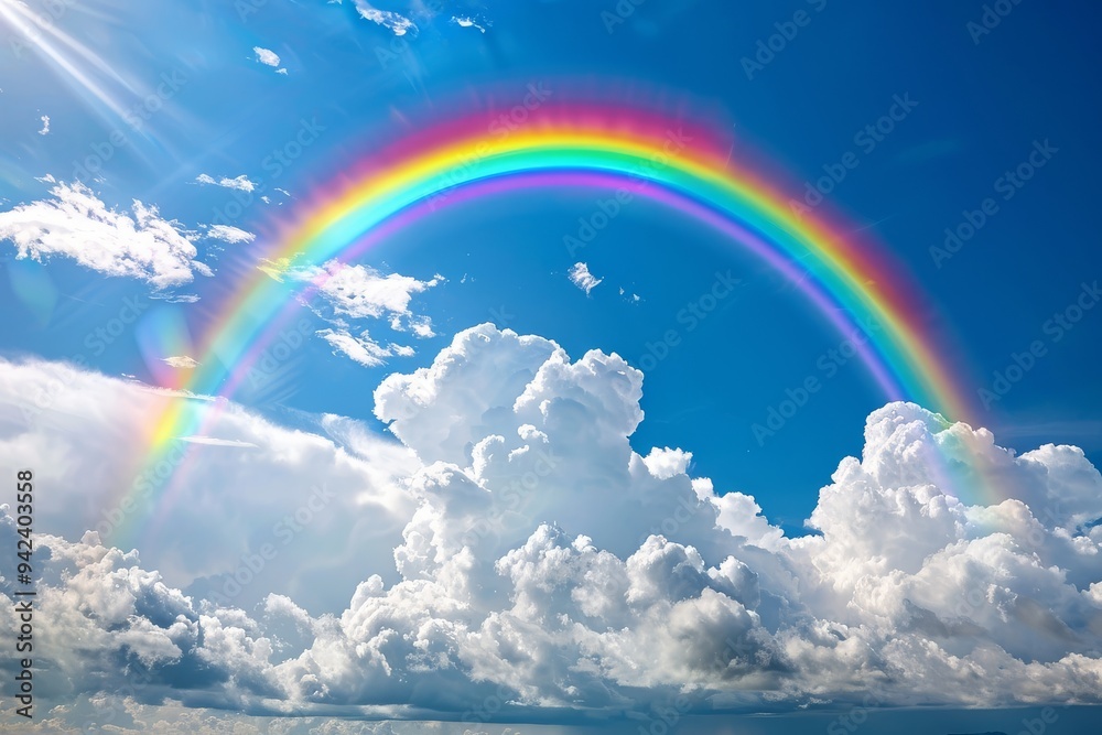 Rainbow Over Cityscape with Double Rainbows, Tower Crane, and Colorful Sky, Sunset Lighting, Photo Realistic