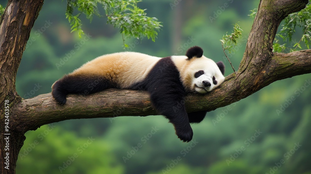Obraz premium Panda Relaxing on a Tree Branch