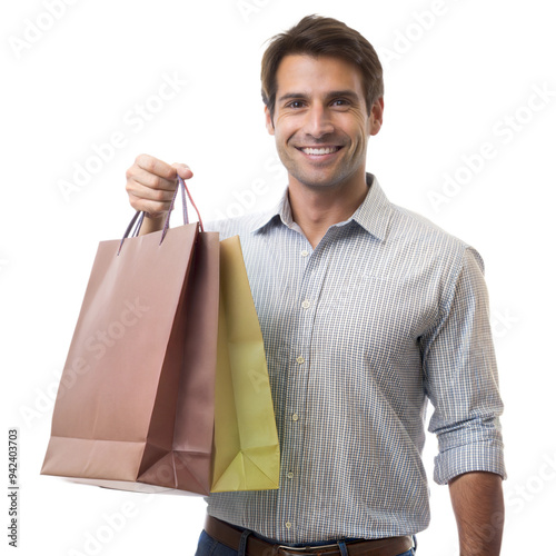 Smiling man holding shopping bags, feeling content with his shopping photo