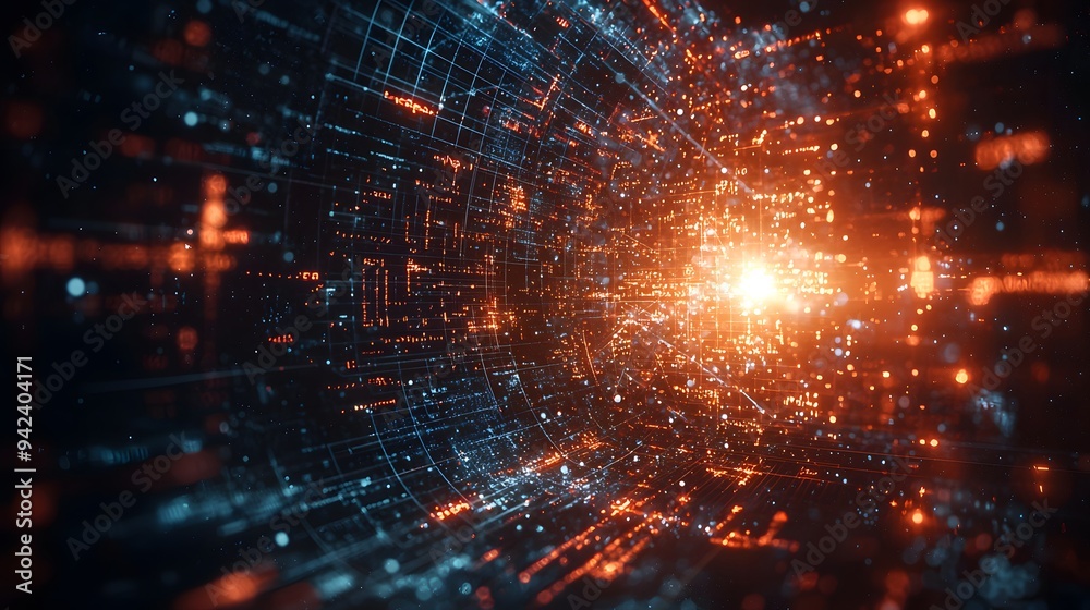 Fototapeta premium Abstract digital cosmic scene with bright orange and blue lights radiating outward.