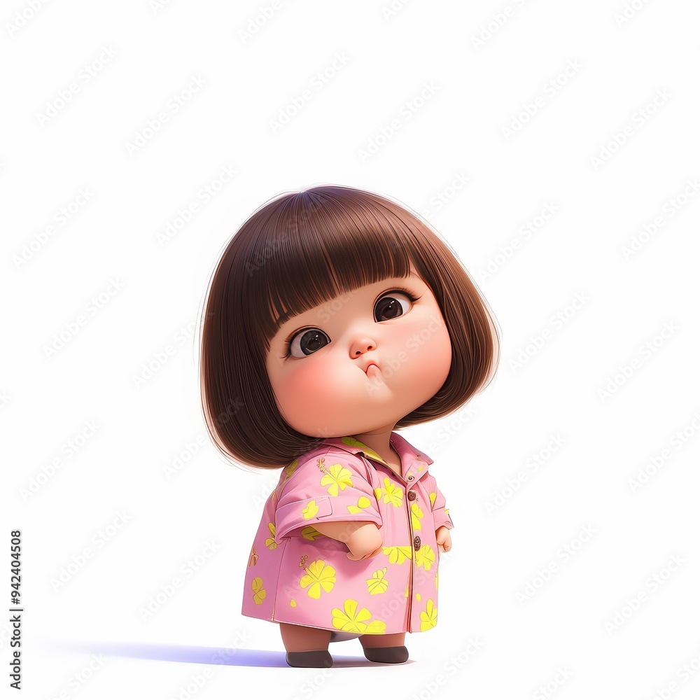 A cute, stylized character with a playful expression, wearing a floral-patterned outfit. A cute, stylized character with a playful expression, wearing a floral-patterned outfit.
