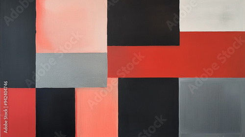 a minimalistic gouache painting, featuring contrasting color squares of red, peach and gray