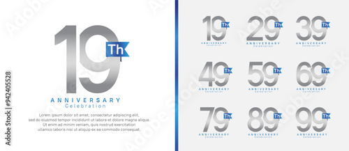 anniversary logo set. vector design silver color with blue ribbon can be use for celebration event