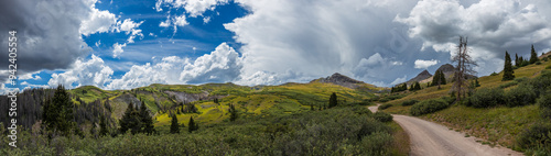 mountain tundra panorama with dirt road and dramatic lighting