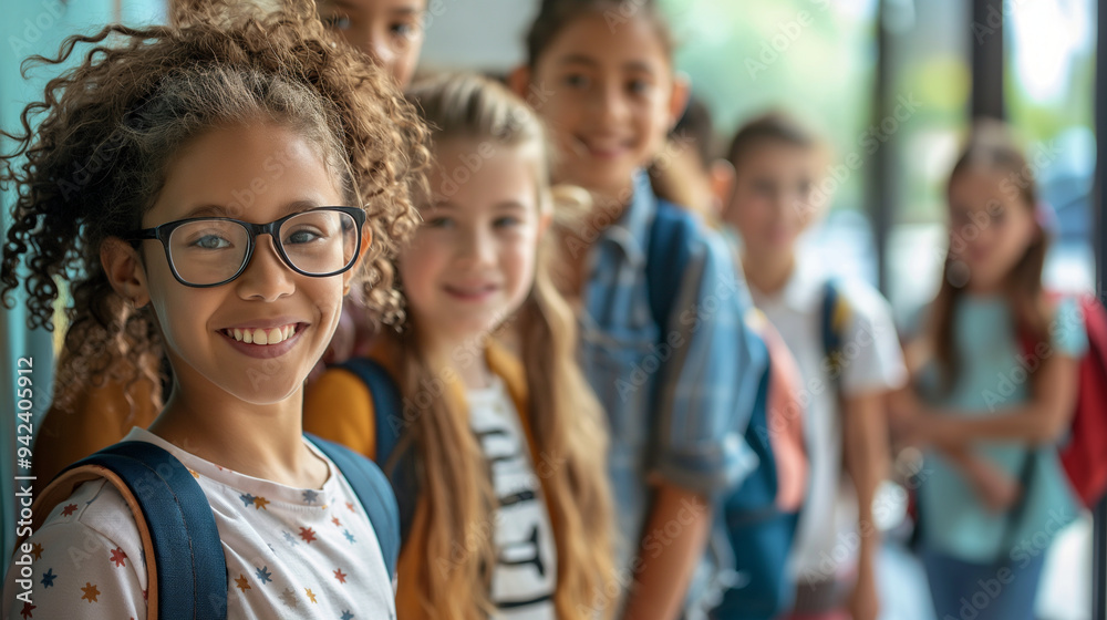 Obraz premium Kids with Teacher on First Day: A group of kids gathered around their teacher, ready to start the new school year with enthusiasm, with copy space