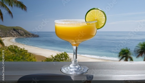 A refreshing mango margarita in a frosted glass with a salted rim, garnished with a lime whe photo